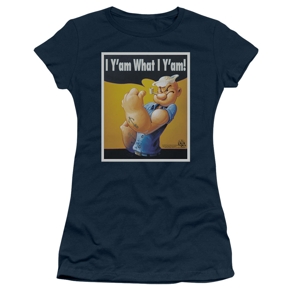 Popeye I Can Do It Junior Sheer Cap Sleeve Womens T Shirt Navy