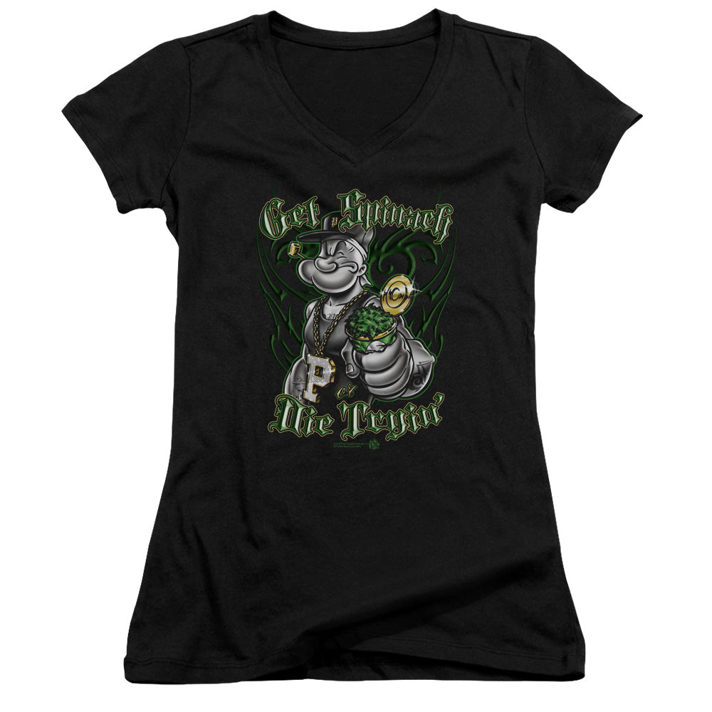 Popeye Get Spinach Junior Sheer Cap Sleeve V Neck Womens T Shirt Black