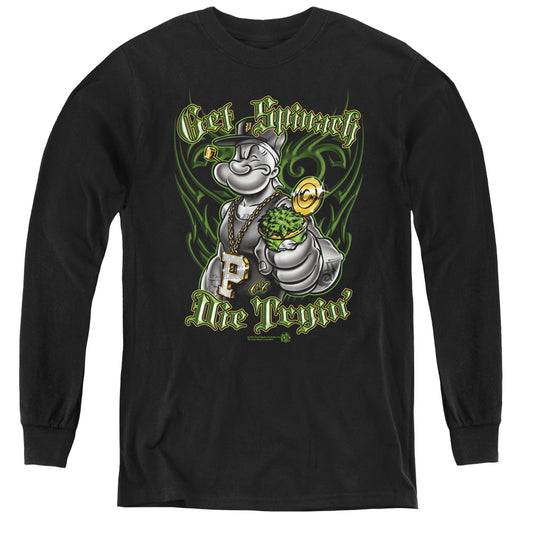 Popeye Get Spinach Long Sleeve Kids Youth T Shirt Black