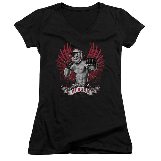 Popeye Undefeated Junior Sheer Cap Sleeve V Neck Womens T Shirt Black