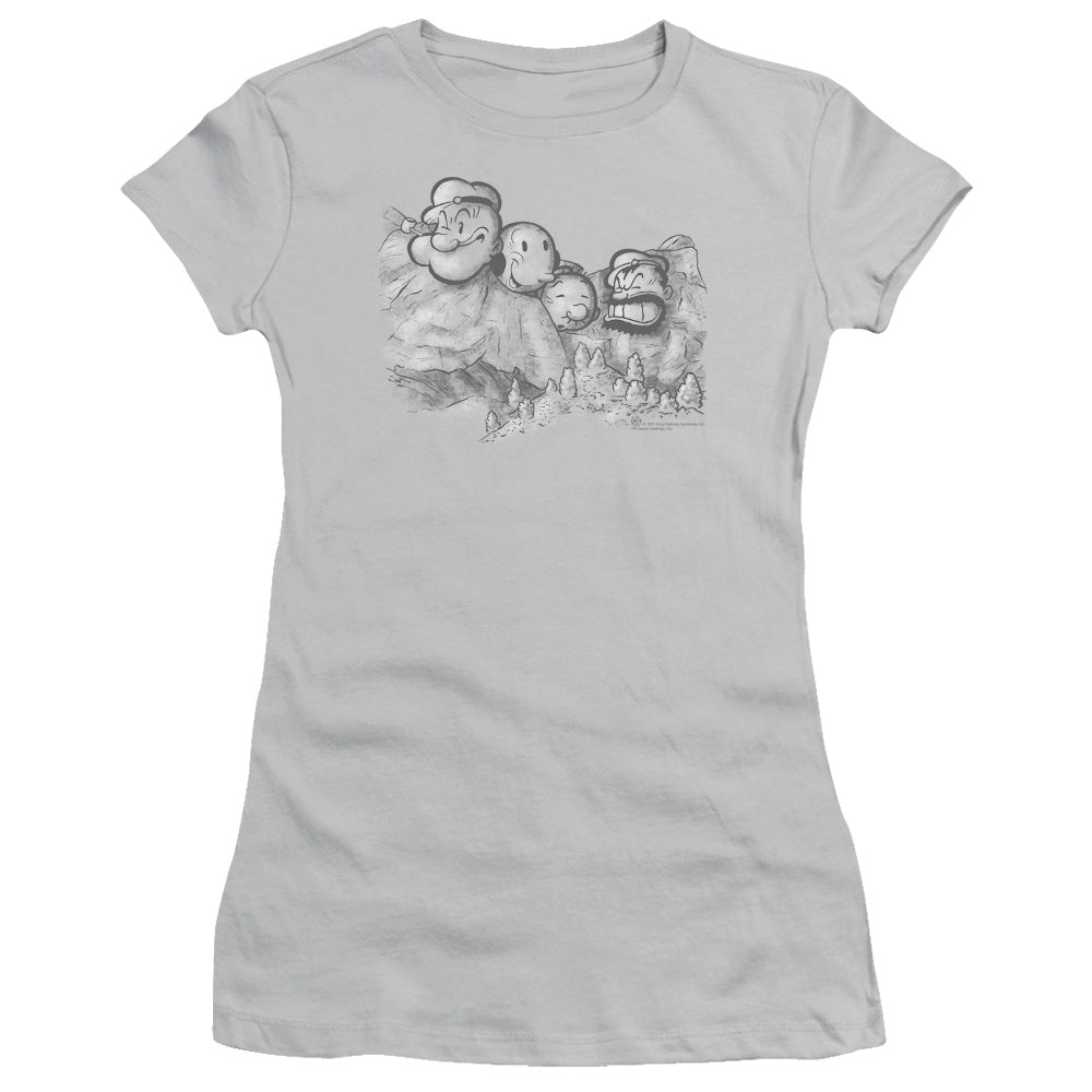 Popeye Pop Rushmore Junior Sheer Cap Sleeve Womens T Shirt Silver