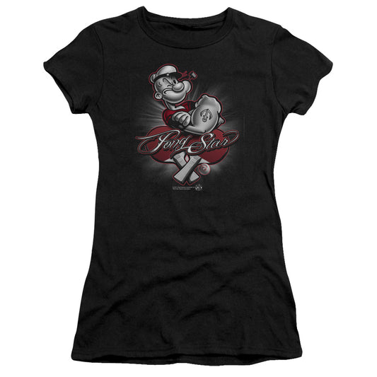 Popeye Pong Star Junior Sheer Cap Sleeve Womens T Shirt Black