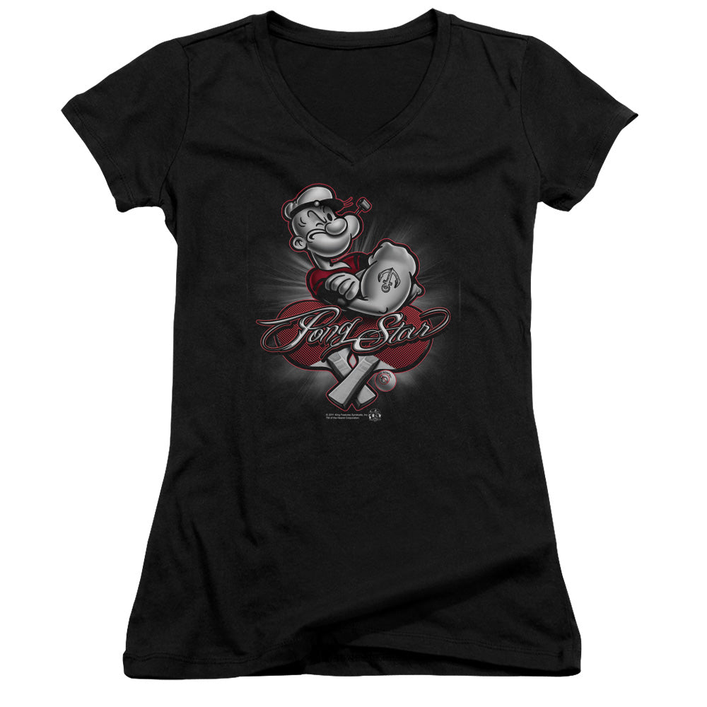 Popeye Pong Star Junior Sheer Cap Sleeve V Neck Womens T Shirt Black