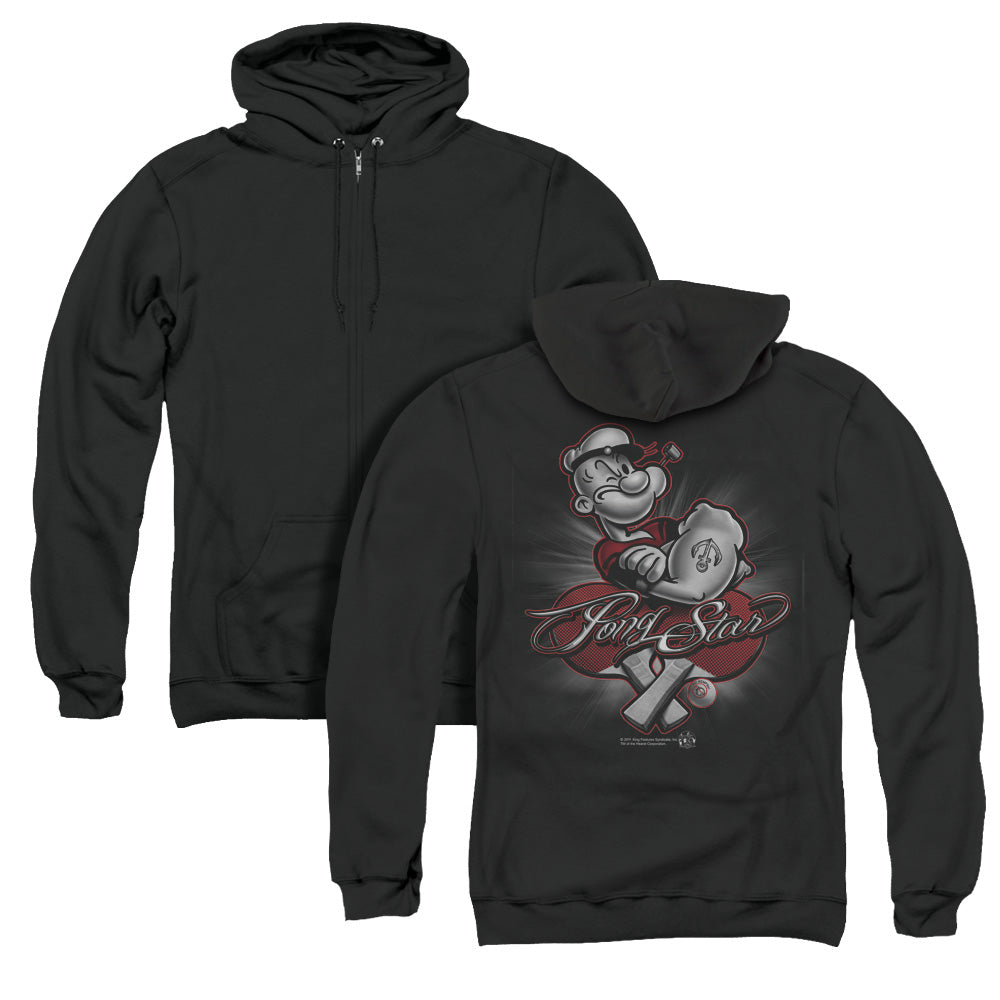 Popeye Pong Star Back Print Zipper Mens Hoodie Black