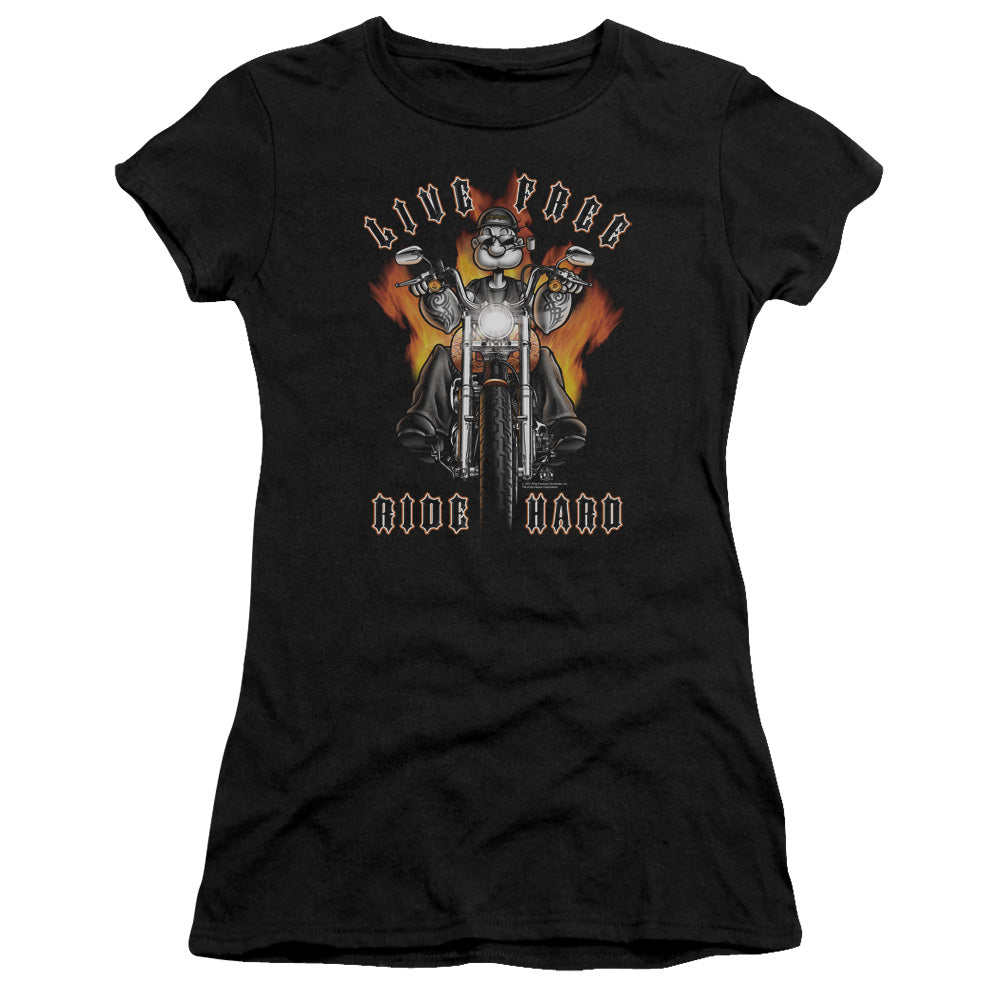 Popeye Ride Hard Junior Sheer Cap Sleeve Womens T Shirt Black