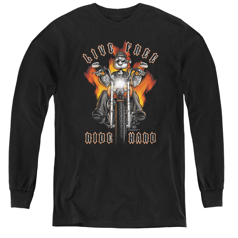 Popeye Ride Hard Long Sleeve Kids Youth T Shirt Black