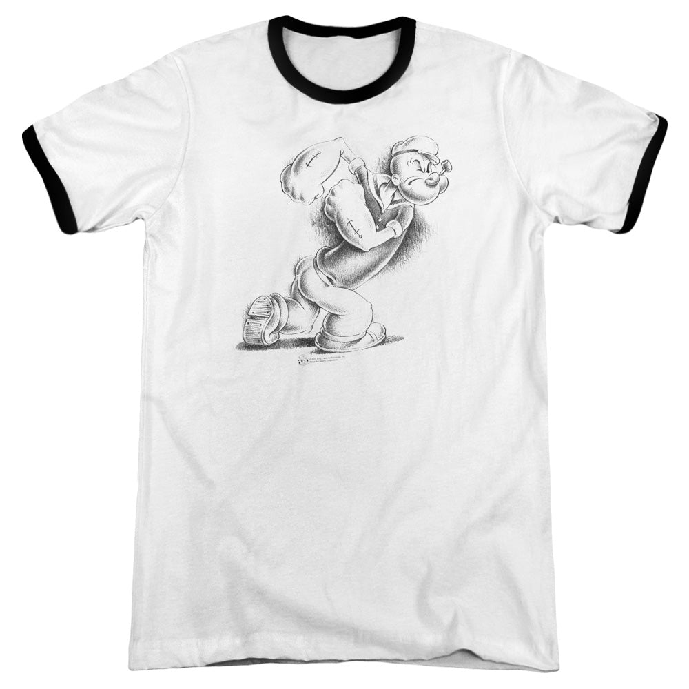 Popeye Here Comes Trouble Heather Ringer Mens T Shirt White Black