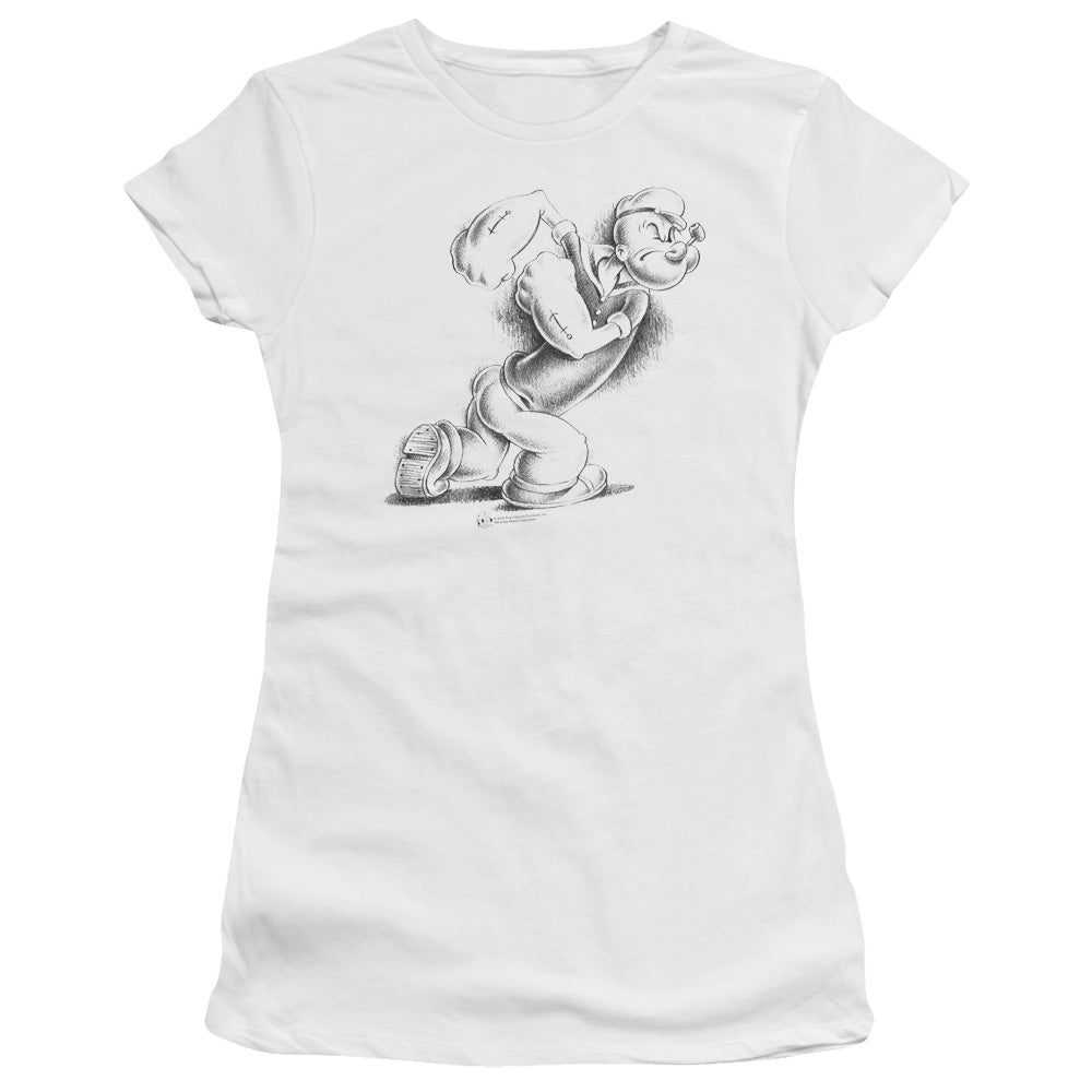 Popeye Here Comes Trouble Junior Sheer Cap Sleeve Womens T Shirt White