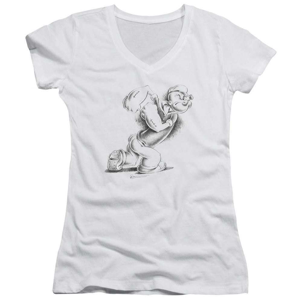 Popeye Here Comes Trouble Junior Sheer Cap Sleeve V Neck Womens T Shirt White