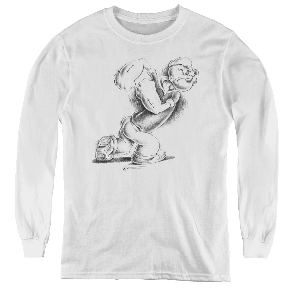 Popeye Here Comes Trouble Long Sleeve Kids Youth T Shirt White