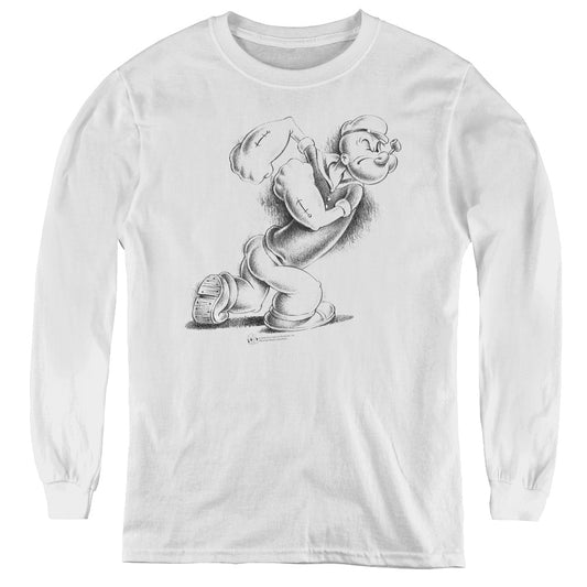 Popeye Here Comes Trouble Long Sleeve Kids Youth T Shirt White