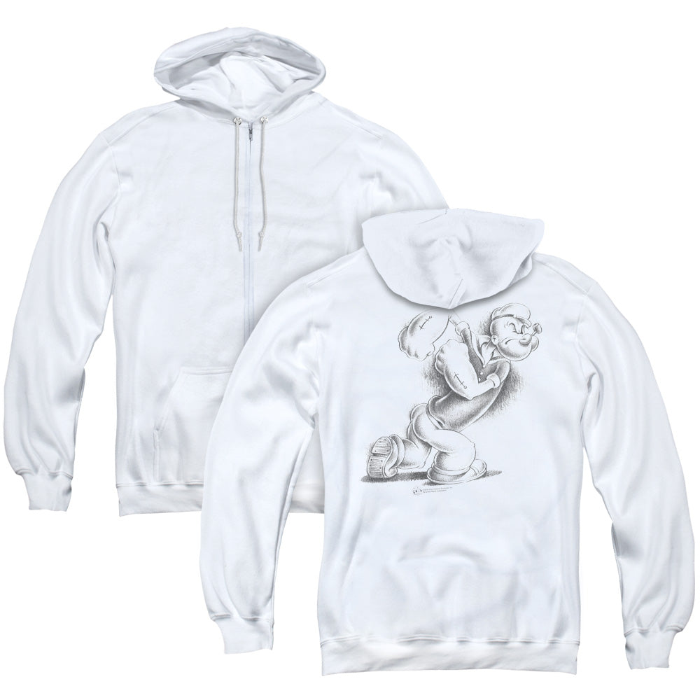 Popeye Here Comes Trouble Back Print Zipper Mens Hoodie White