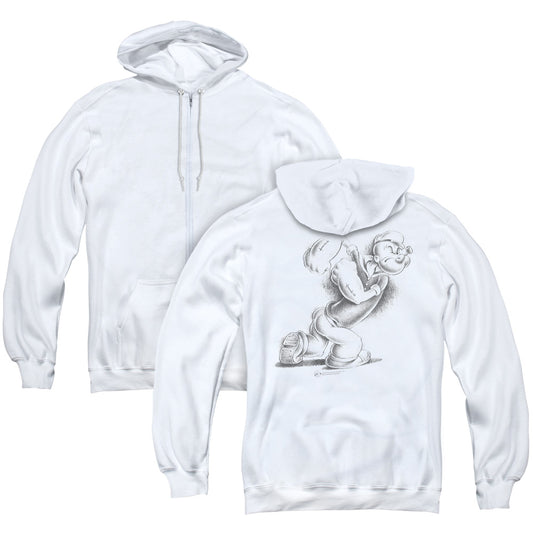 Popeye Here Comes Trouble Back Print Zipper Mens Hoodie White