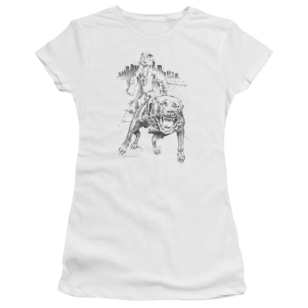 Popeye Walking The Dog Junior Sheer Cap Sleeve Womens T Shirt White