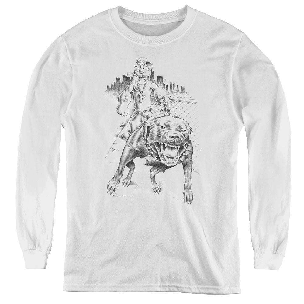 Popeye Walking The Dog Long Sleeve Kids Youth T Shirt White