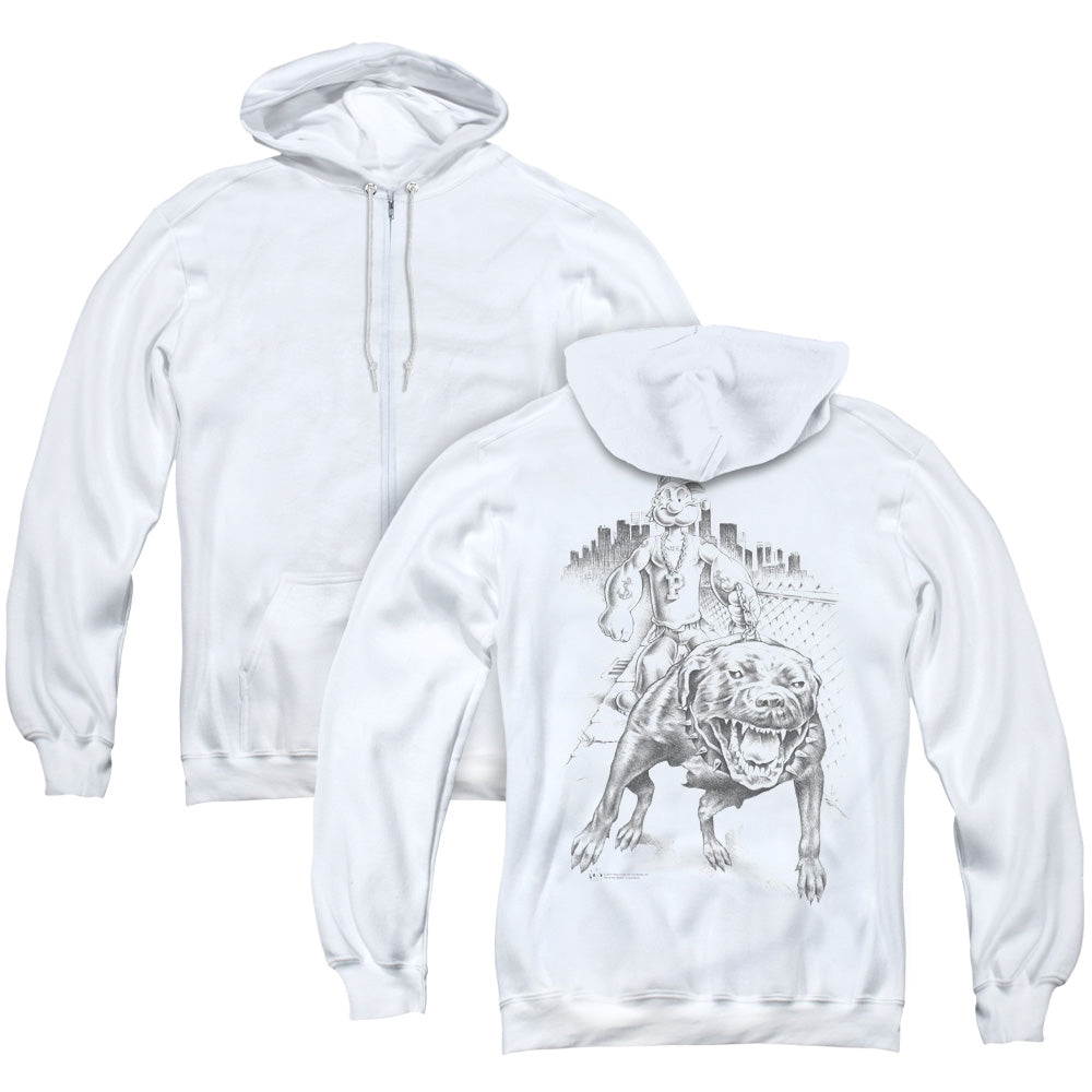 Popeye Walking The Dog Back Print Zipper Mens Hoodie White