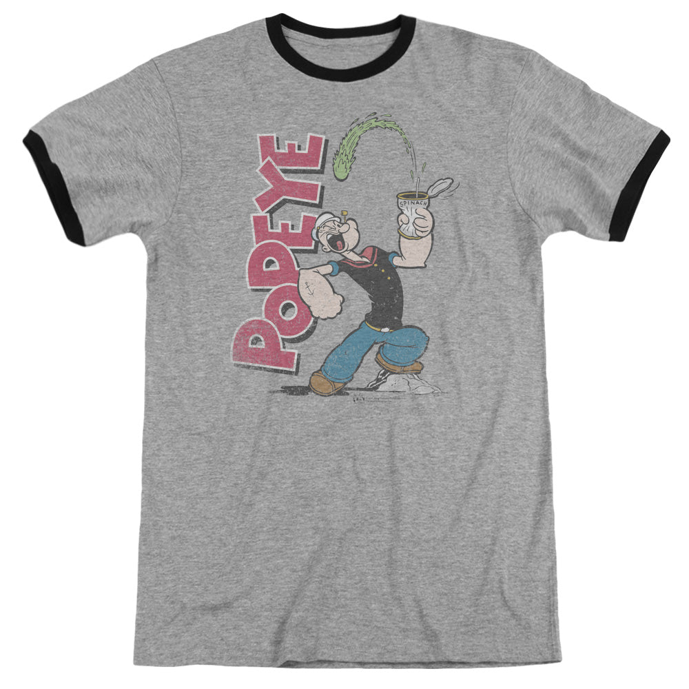 Popeye Spinach Power Heather Ringer Mens T Shirt Heather Black