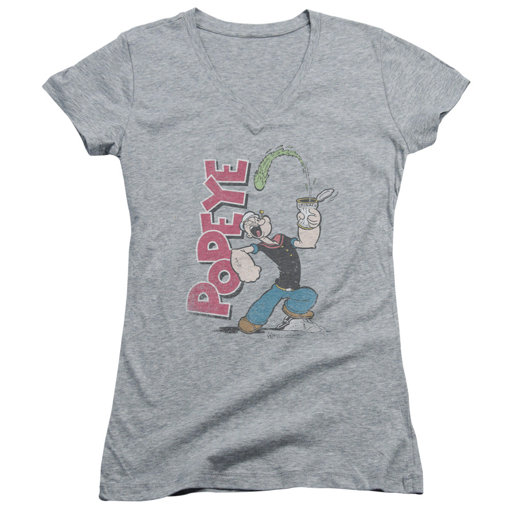 Popeye Spinach Power Junior Sheer Cap Sleeve V Neck Womens T Shirt Athletic Heather