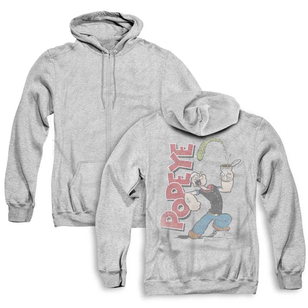 Popeye Spinach Power Back Print Zipper Mens Hoodie Athletic Heather