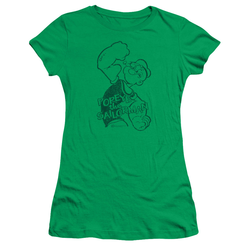 Popeye Spinach Strong Junior Sheer Cap Sleeve Womens T Shirt Kelly Green