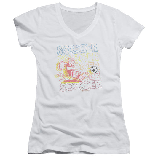 Popeye Soccer Junior Sheer Cap Sleeve V Neck Womens T Shirt White