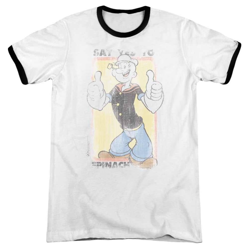 Popeye Say Yes To Spinach Heather Ringer Mens T Shirt White Black