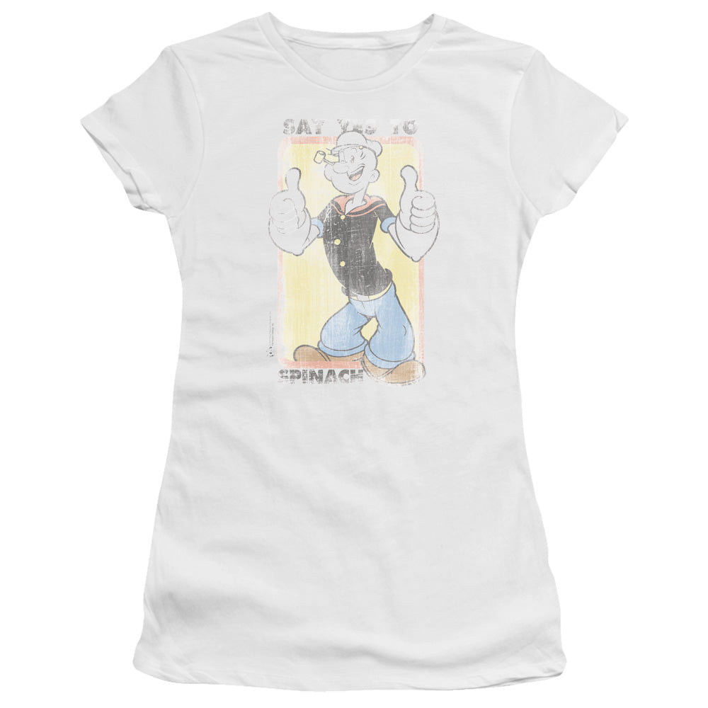 Popeye Say Yes To Spinach Junior Sheer Cap Sleeve Womens T Shirt White