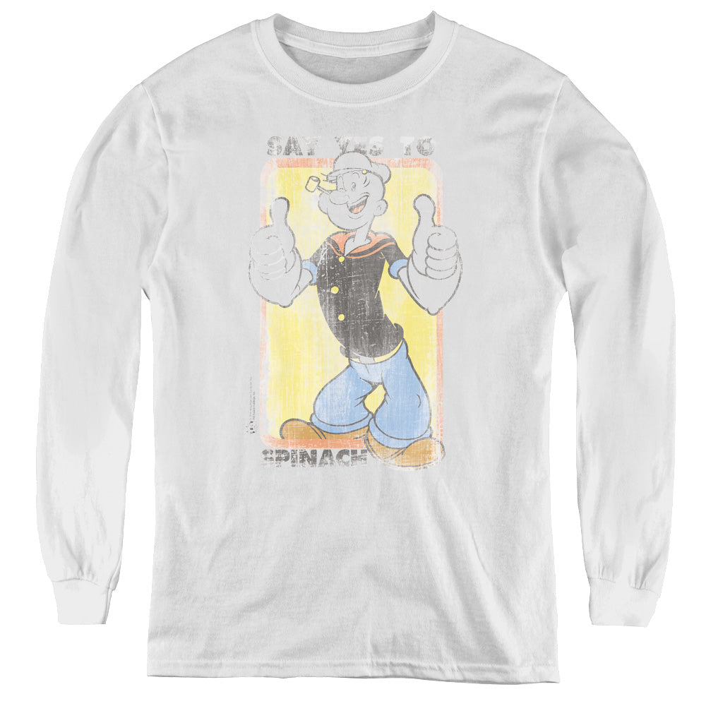 Popeye Say Yes To Spinach Long Sleeve Kids Youth T Shirt White