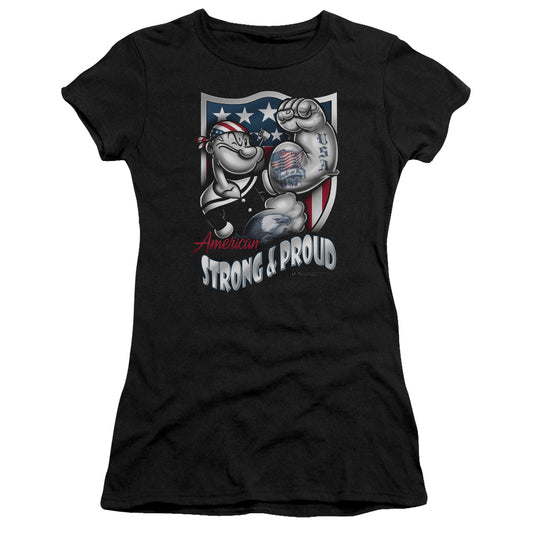 Popeye Strong & Proud Junior Sheer Cap Sleeve Womens T Shirt Black