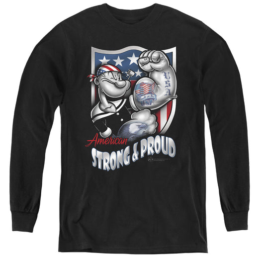 Popeye Strong & Proud Long Sleeve Kids Youth T Shirt Black