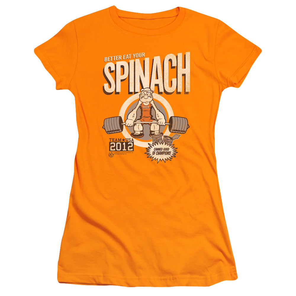 Popeye Eat Your Spinach Junior Sheer Cap Sleeve Womens T Shirt Orange