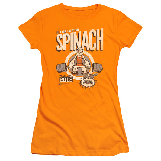 Popeye Eat Your Spinach Junior Sheer Cap Sleeve Womens T Shirt Orange