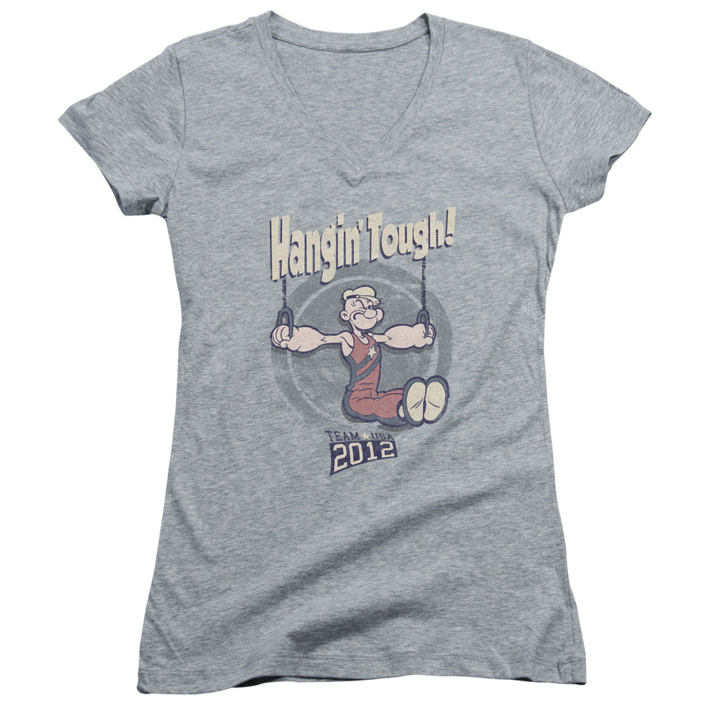 Popeye Hangin Tough Junior Sheer Cap Sleeve V Neck Womens T Shirt Athletic Heather