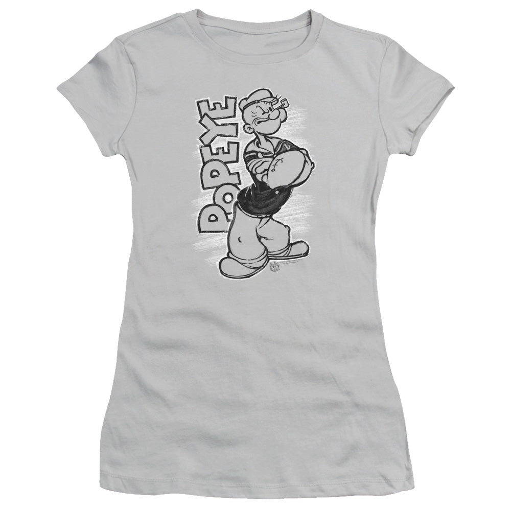 Popeye Inked Popeye Junior Sheer Cap Sleeve Womens T Shirt Silver