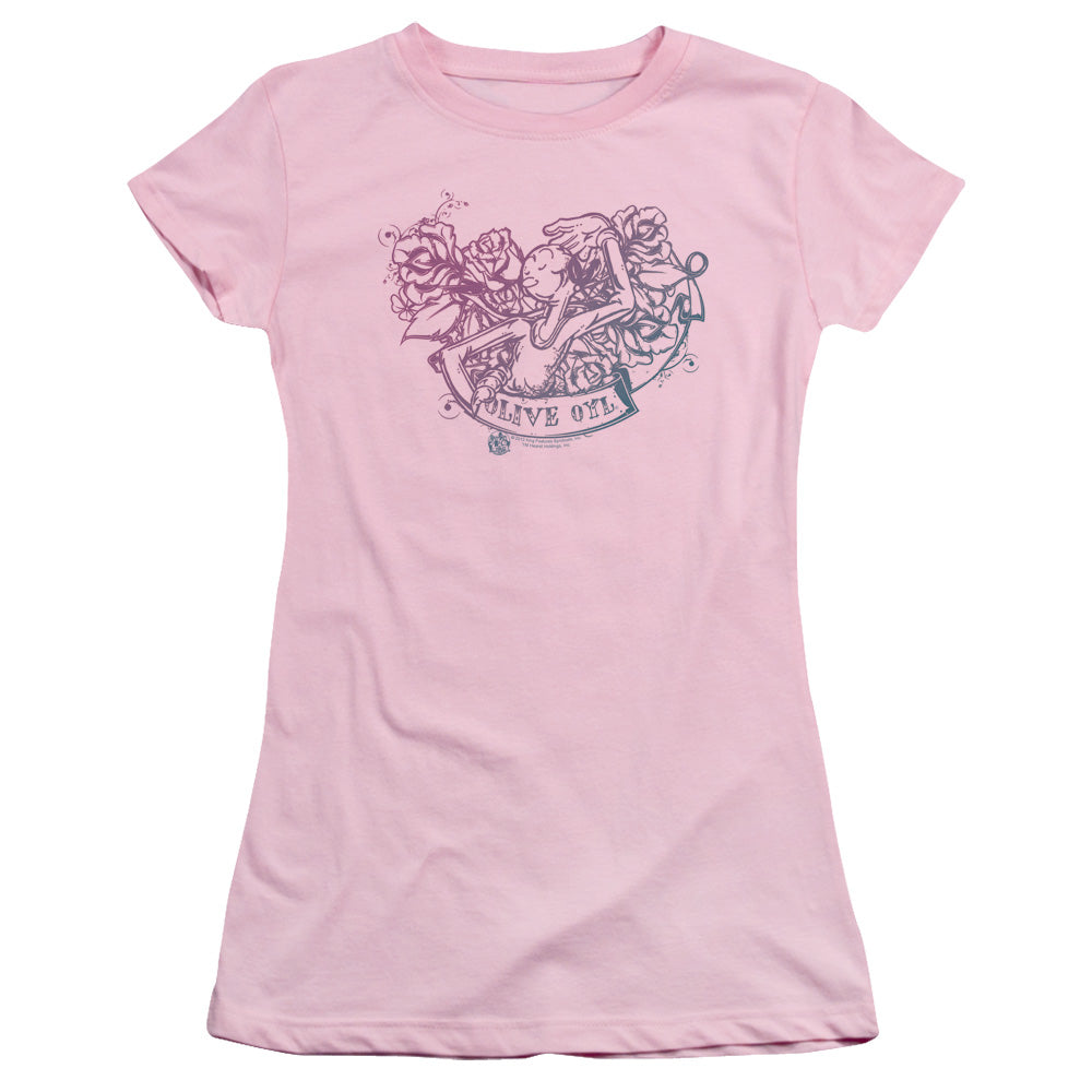 Popeye Olive Oyl Tattoo Junior Sheer Cap Sleeve Womens T Shirt Pink