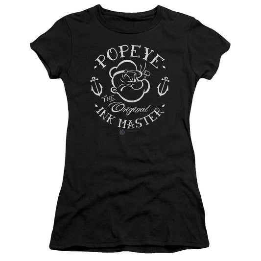 Popeye Ink Master Junior Sheer Cap Sleeve Womens T Shirt Black