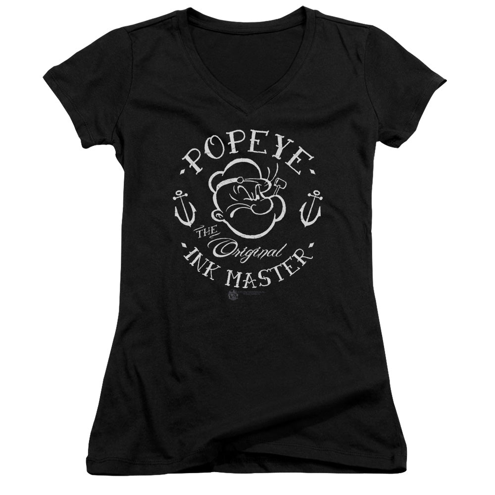 Popeye Ink Master Junior Sheer Cap Sleeve V Neck Womens T Shirt Black