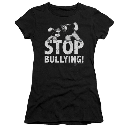 Popeye Stop Bullying Junior Sheer Cap Sleeve Womens T Shirt Black