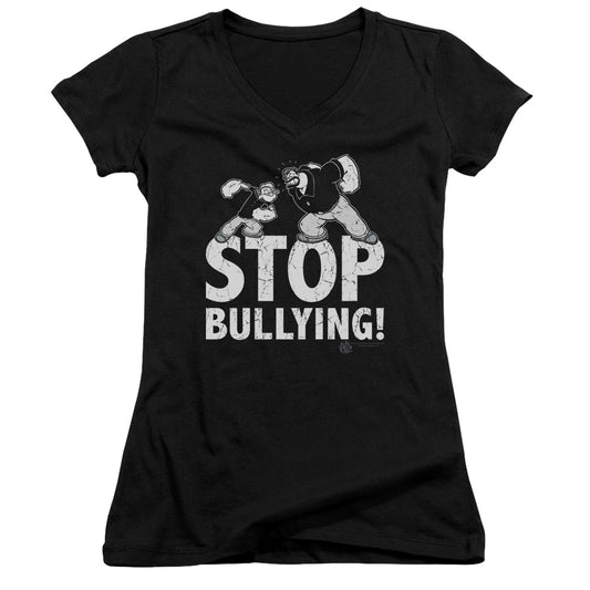 Popeye Stop Bullying Junior Sheer Cap Sleeve V Neck Womens T Shirt Black