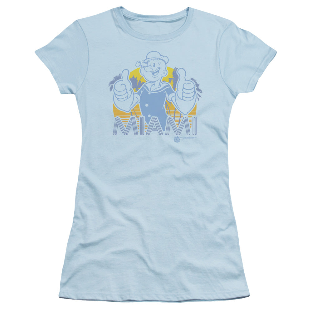 Popeye Miami Junior Sheer Cap Sleeve Womens T Shirt Light Blue