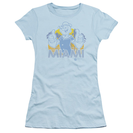 Popeye Miami Junior Sheer Cap Sleeve Womens T Shirt Light Blue