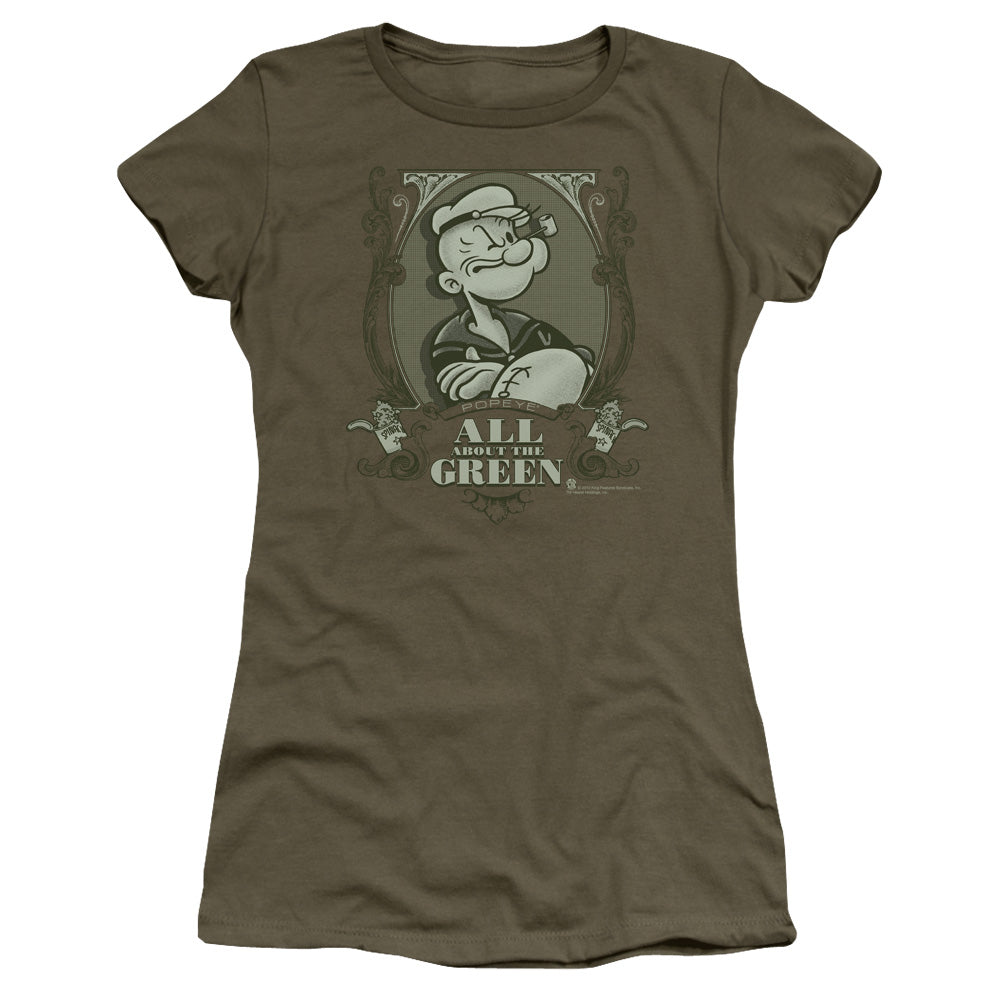 Popeye All About The Green Junior Sheer Cap Sleeve Womens T Shirt Military Green