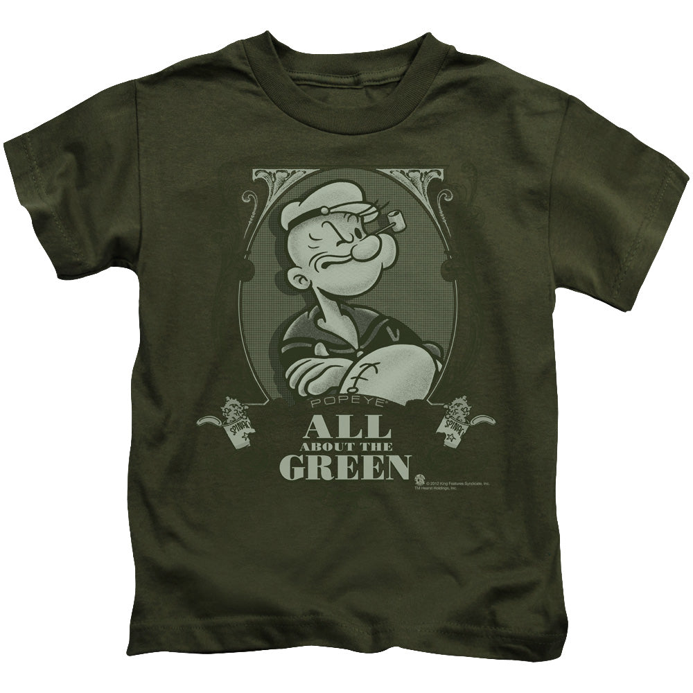 Popeye All About The Green Juvenile Kids Youth T Shirt Military Green