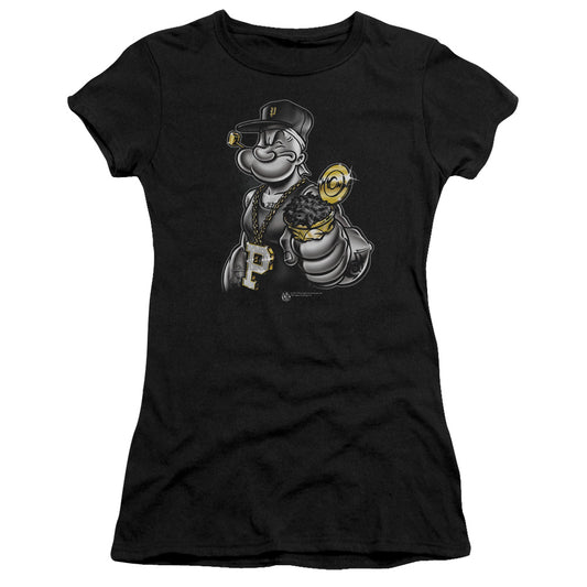 Popeye Get More Spinach Junior Sheer Cap Sleeve Womens T Shirt Black