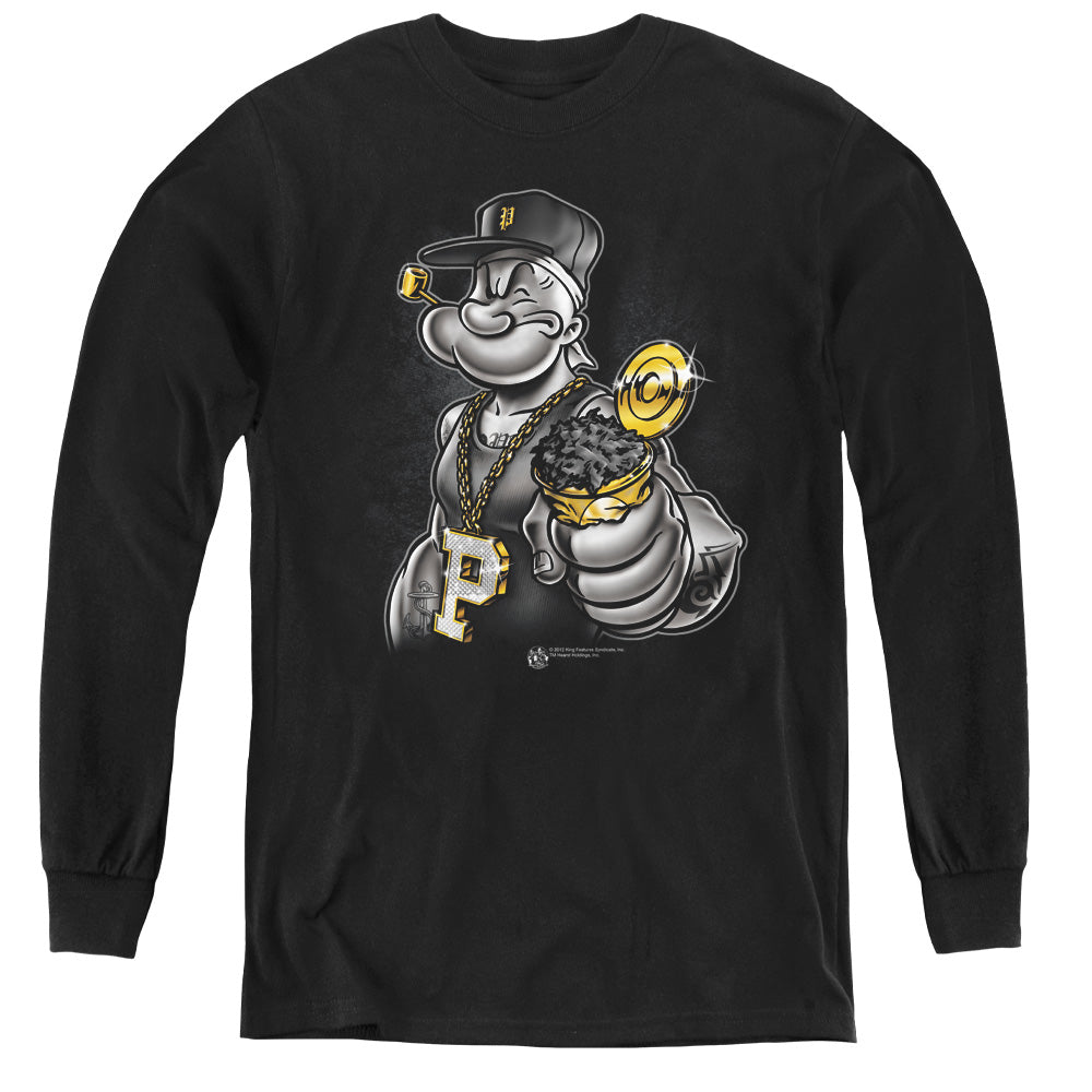 Popeye Get More Spinach Long Sleeve Kids Youth T Shirt Black