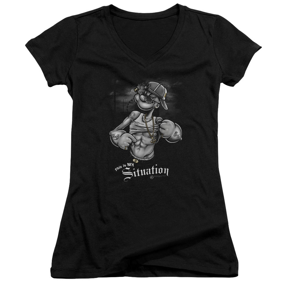 Popeye Situation Junior Sheer Cap Sleeve V Neck Womens T Shirt Black