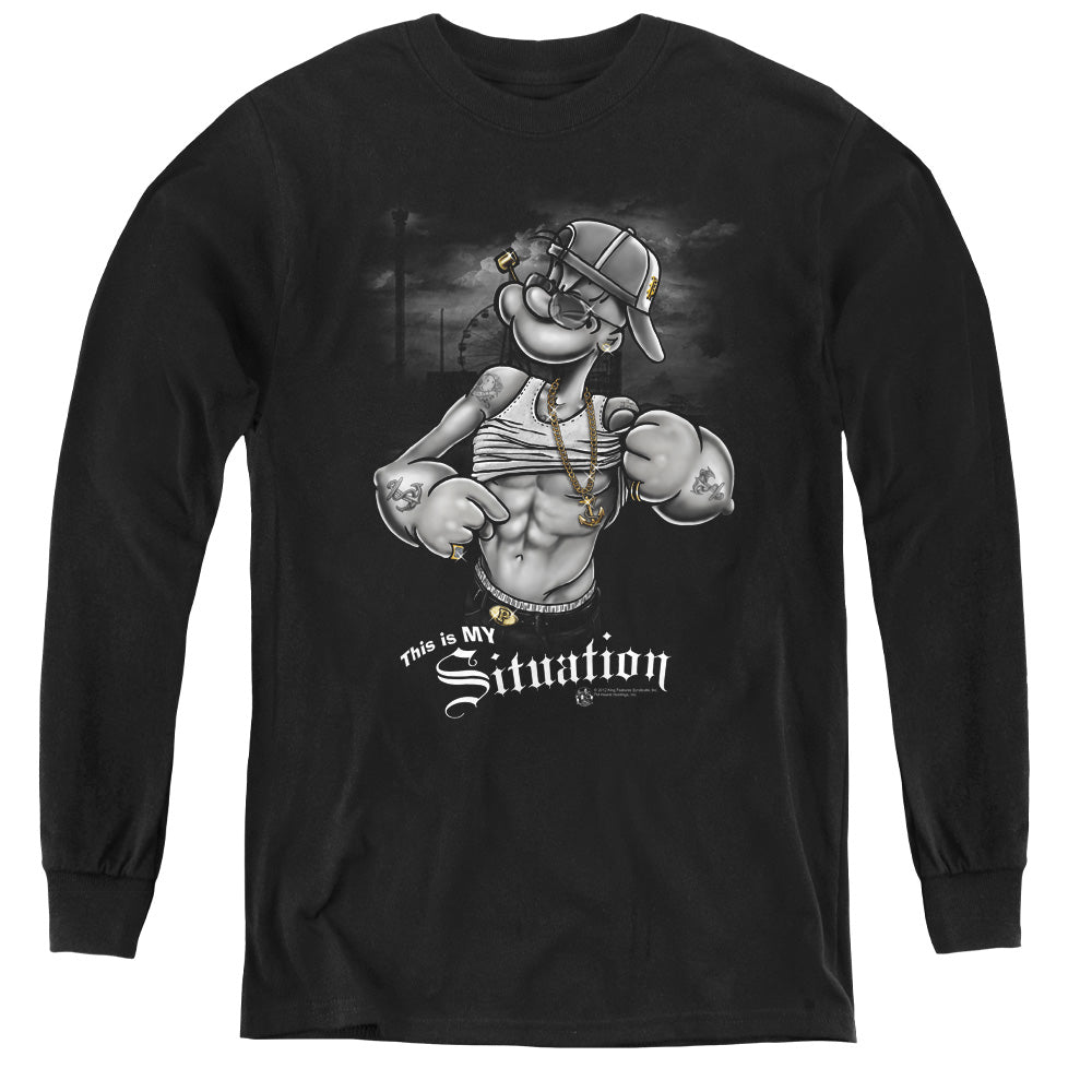 Popeye Situation Long Sleeve Kids Youth T Shirt Black