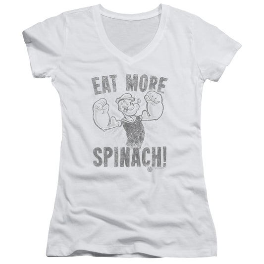 Popeye Eat More Spinach Junior Sheer Cap Sleeve V Neck Womens T Shirt White