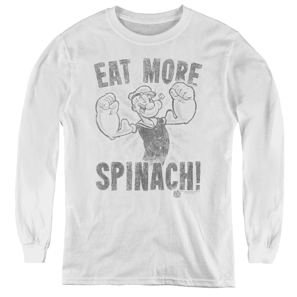 Popeye Eat More Spinach Long Sleeve Kids Youth T Shirt White