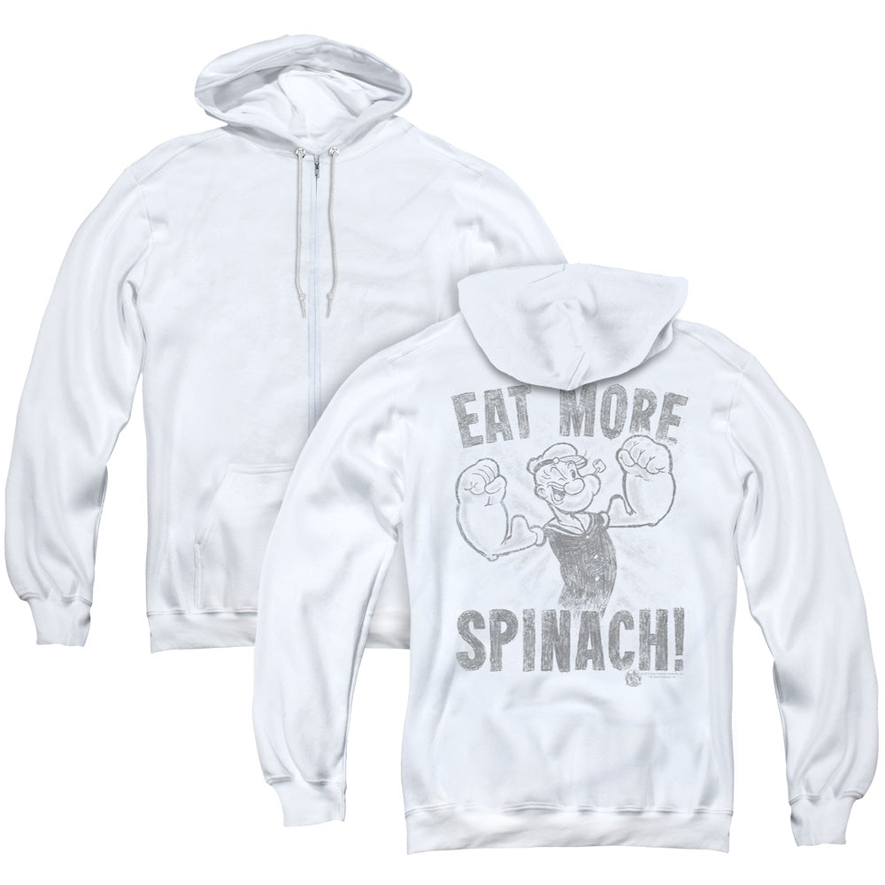 Popeye Eat More Spinach Back Print Zipper Mens Hoodie White